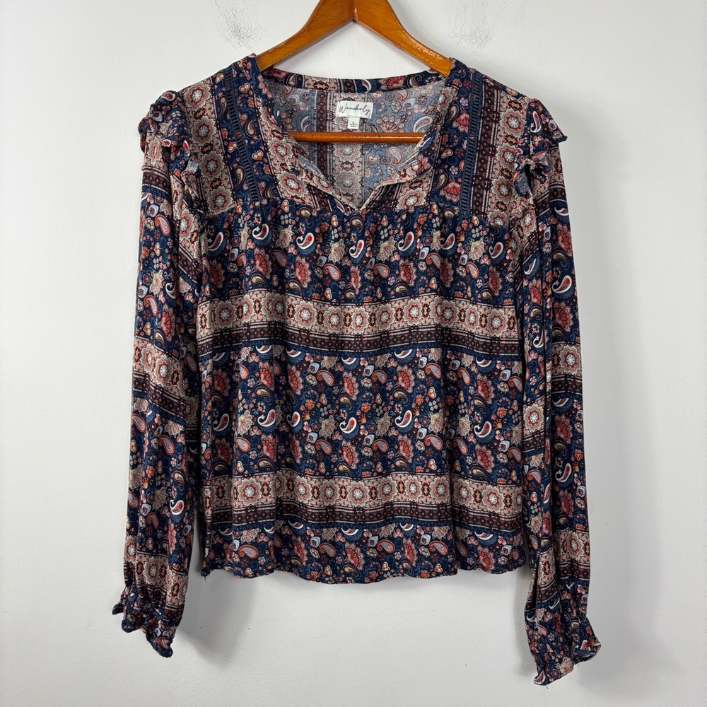 Wonderly Boho Blouse Womens L Ruffle Trim Neutral Tones Cottage Prairie Casual